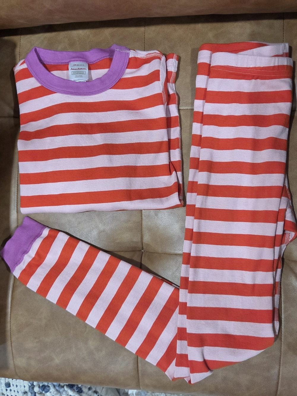 Hanna Andersson Red and Light Pink Striped Pajama Set with Purple Trim
